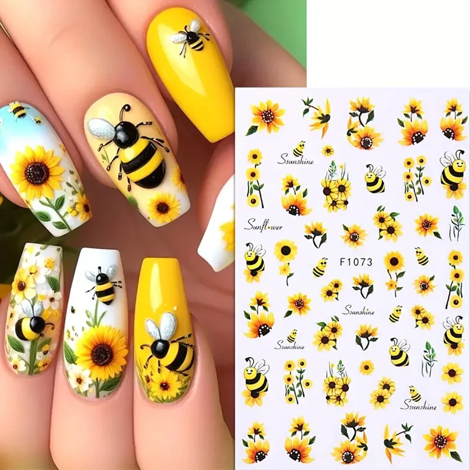 2pcs Sunflower Nail Art Sticker Yellow Flowers Bee Adhesive Decal French Stripe Line Star Manicure Slider