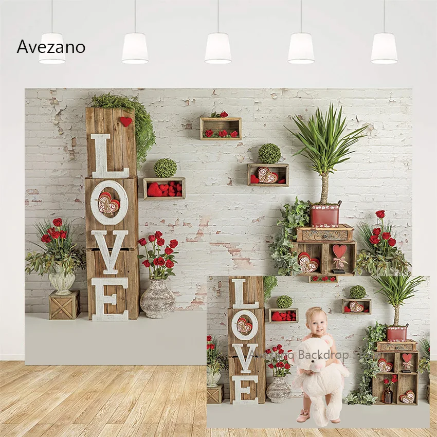 Avezano Photography Background Love Flowers Brick Wall Floral Child Birthday Portrait Decoration Backdrop Photo Studio Photocall