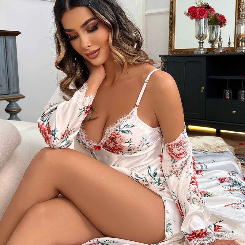 Print Flower Long Robe Kimono Bathrobe Gown Sexy Lace Sleepwear Spaghetti Strap Nightgown Home Dressing Gown Satin Nightwear