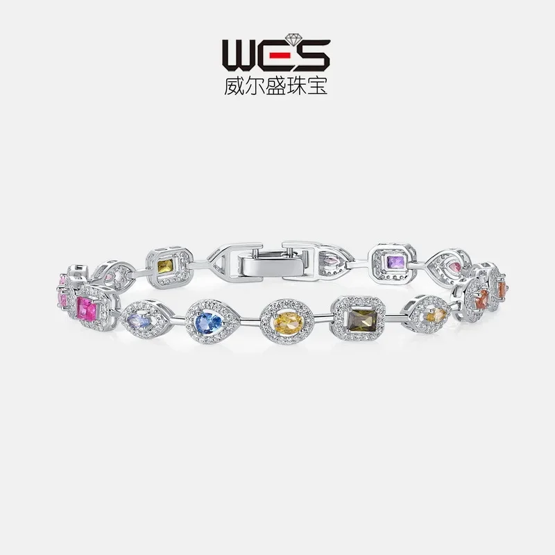 Geometric Design Rainbow Moissanite Bracelet for Women 18K Gold Inlaid with Colored Baby Stones PT950 Platinum Brilliant