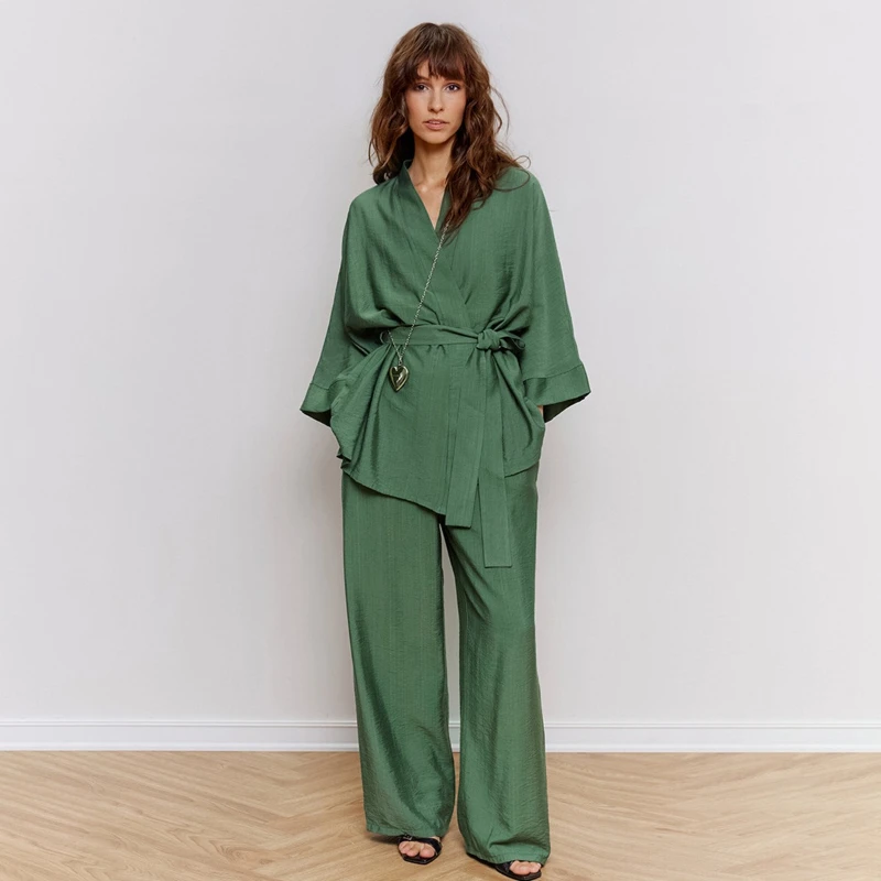 

Elastic Human Cotton Pajamas Set, European, American Autumn Winter New Green Lace-up Pajamas, Foreign Trade Loungewear Women's