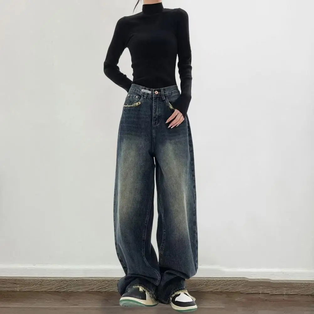 Women Jeans Vintage High Waist Wide Leg Denim Jeans with Deep Crotch Pockets Women's Floor Length Loose Straight Pants for Hip