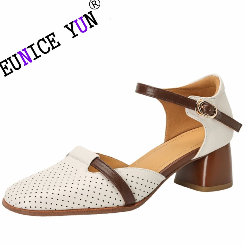 

【EUNICE YUN】New Summer Genuine Leather Sandals Square Toe Heel Hollow Out for Women French Retro Mixed Color Ladies Shoes 34-41