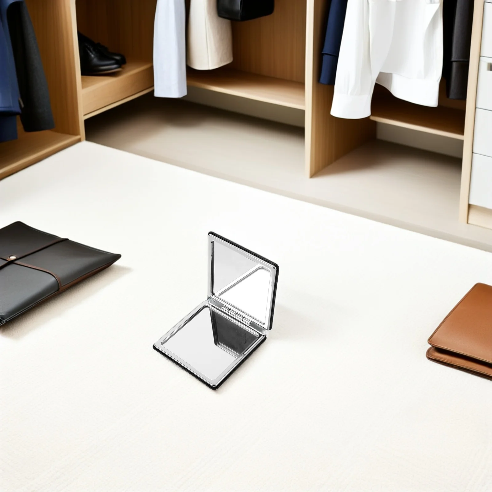 Compact Folding Travel Mirror Mini Handheld Pocket Vanity Rectangular Black Purse Handbag Backpack Office Desk Use