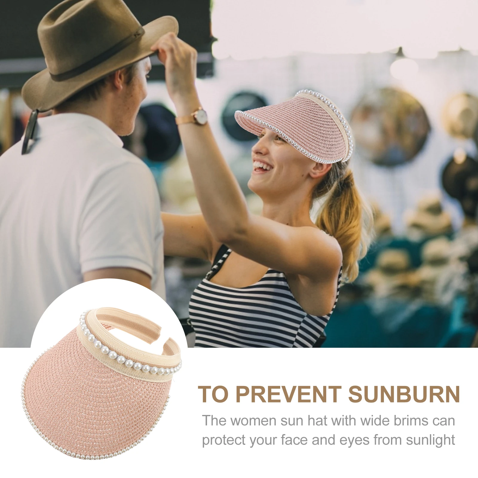 

1pcs Hats Women Sun Visor Hollow Tops Caps Straw Wide Brim Sun Caps Imitation Pearls Ladies Hat Protection