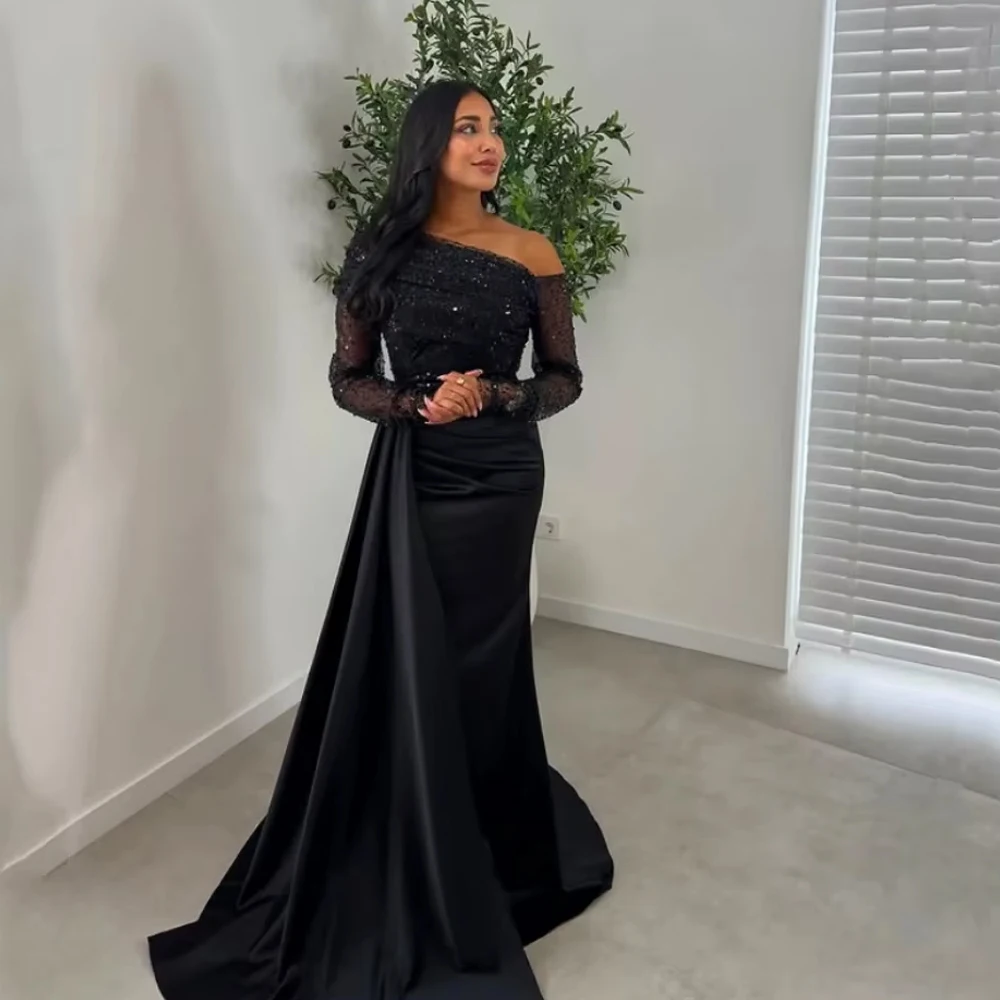 

Customized Line A Evening Dresses Woman Elegant Luxury Made Single-shoulder Sleeve Robe Soiree Sequins Gala Prom Gowns