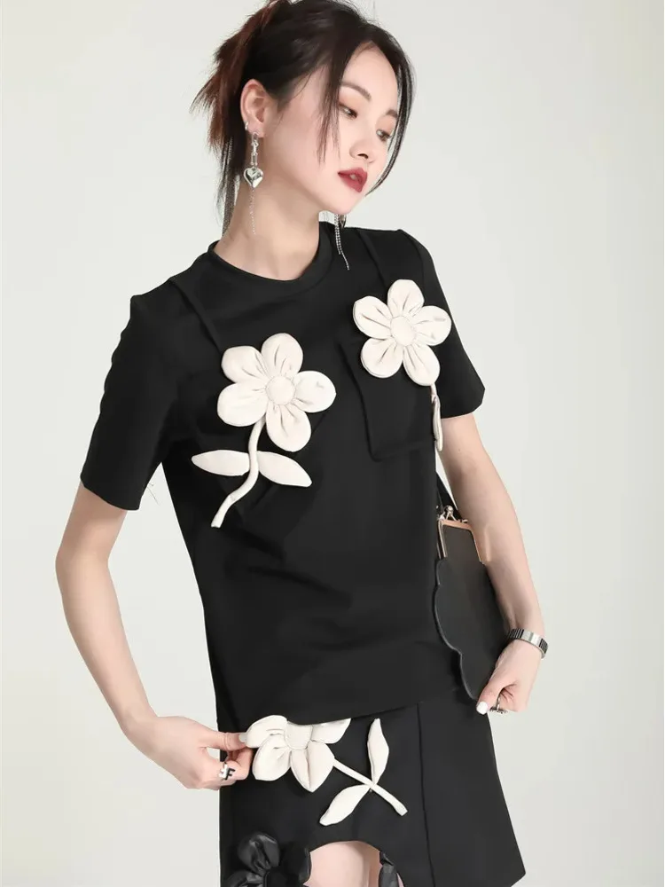 Vestido elegante oco solto com apliques florais 3D – fantasia de palco de manga curta para performance de dança clássica