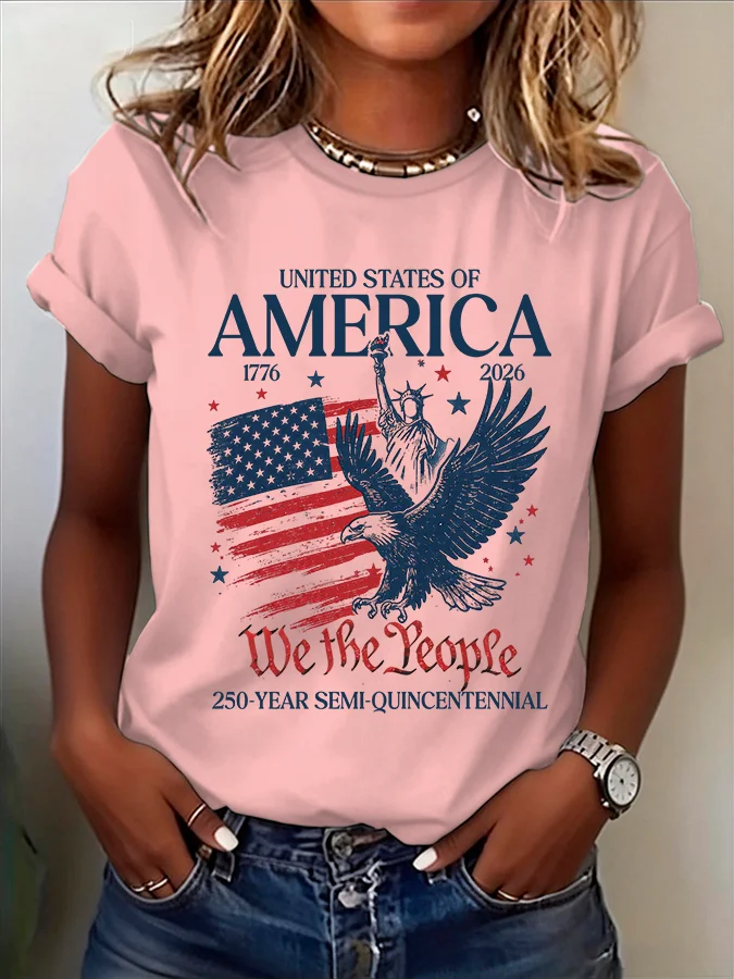 ilstile  We The People 1776-2026 American Flag Eagle Print T-Shirt Women Casual Short Sleeve Independence Day Tops