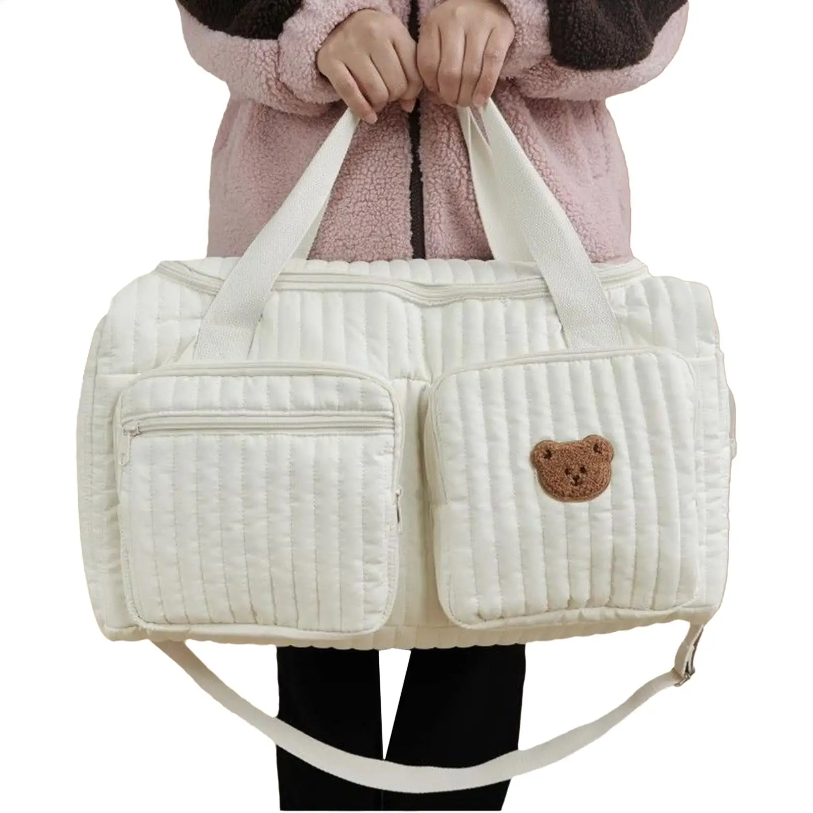 

Сумка-органайзер для подгузников, стеганая, с карманами на молнии, сумка через плечо для коляски, для мам, молодых родителей, для путешествий и поездок на выходные