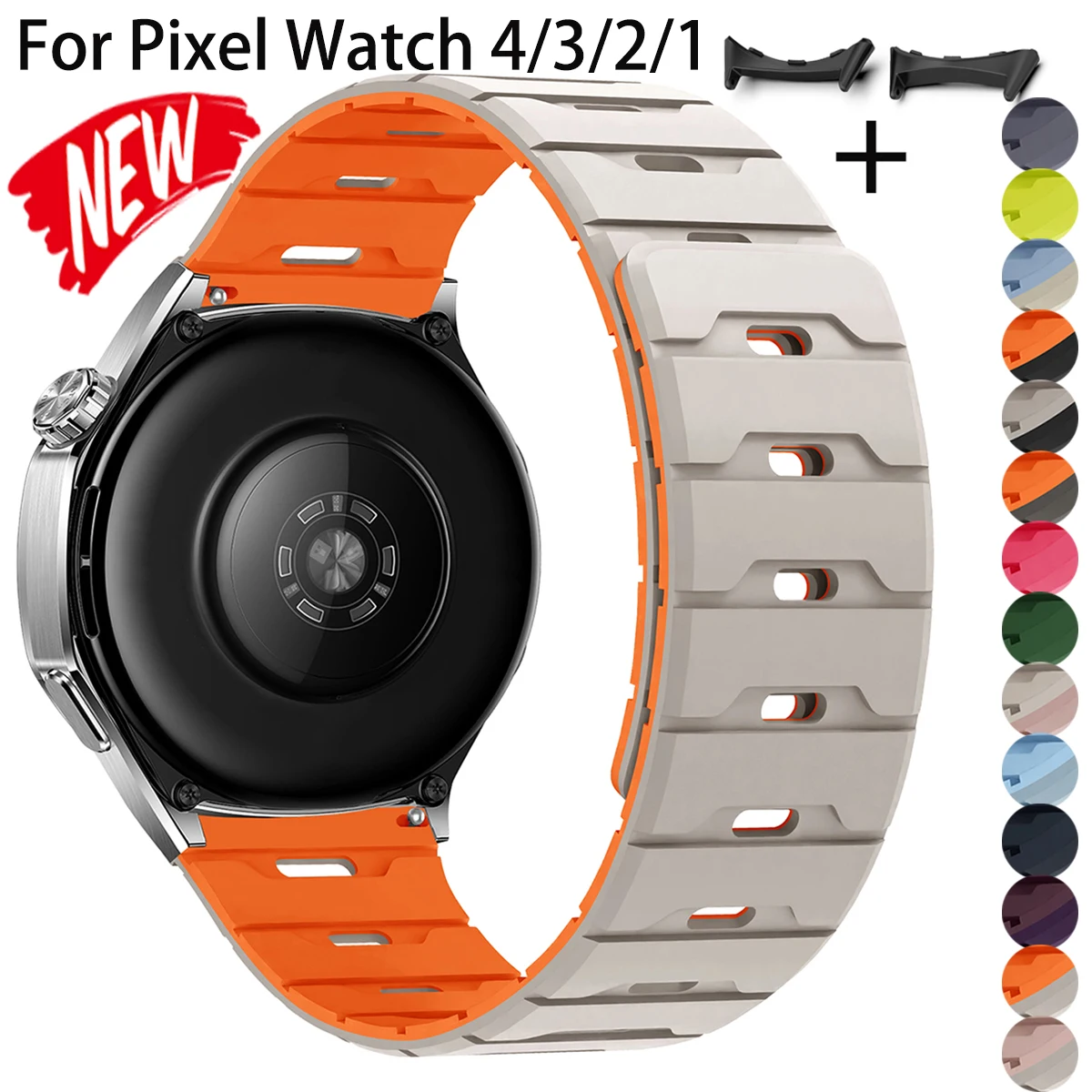 Magnetic Silicone Band for Google Pixel 5 4 3 2 1 41mm Adjustable Breathable Sport Strap for Pixel 5 4 3 45mm Two Tone Bracelet