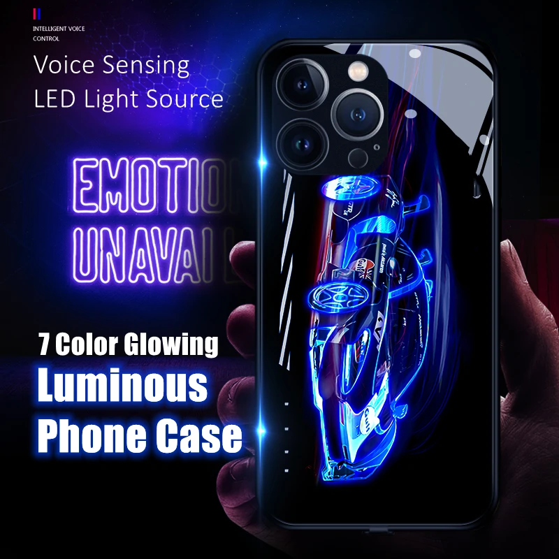 

Sport Car 7 Color LED Light Glowing Phone Case for iPhone 11 12 13 14 15 Pro Max Plus Tempered Glass Surface Protector Cover