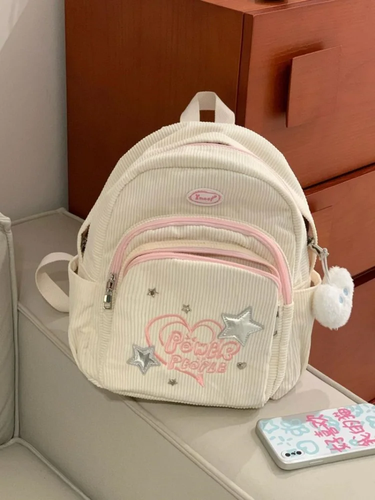 Sweet Girls Corduroy Star Letter Embroidery Backpack Women Students Kawaii Schoolbag Fashion Y2k Aesthetic Chic Backpacks