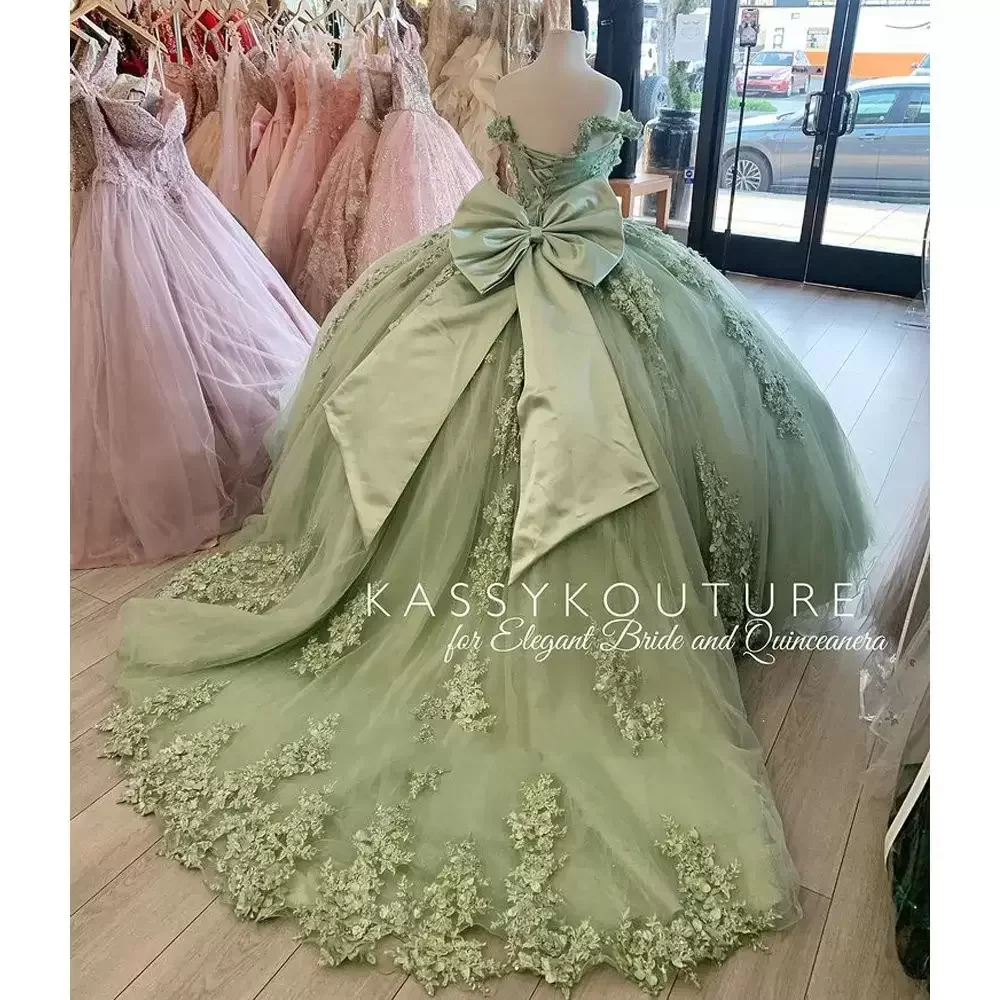 Angelsbrief sálvia verde quinceanera vestidos fora do ombro apliques florais laço arco volta corset para doce 15 meninas vestidos de festa