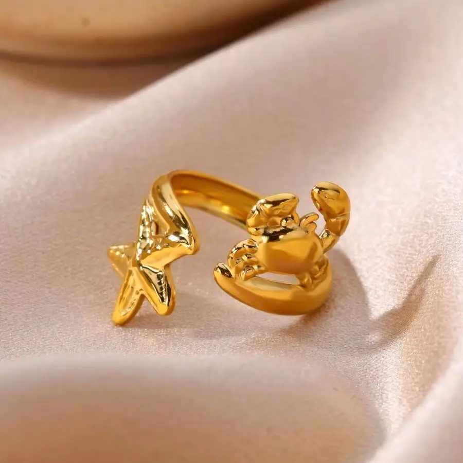 Niedliche Meereskreaturen-Ringe mit Krabben- und Seesternmotiv für Damen, goldfarben, Edelstahl-Seestern-Ring, Strandurlaub, trendiger Schmuck, Geschenk