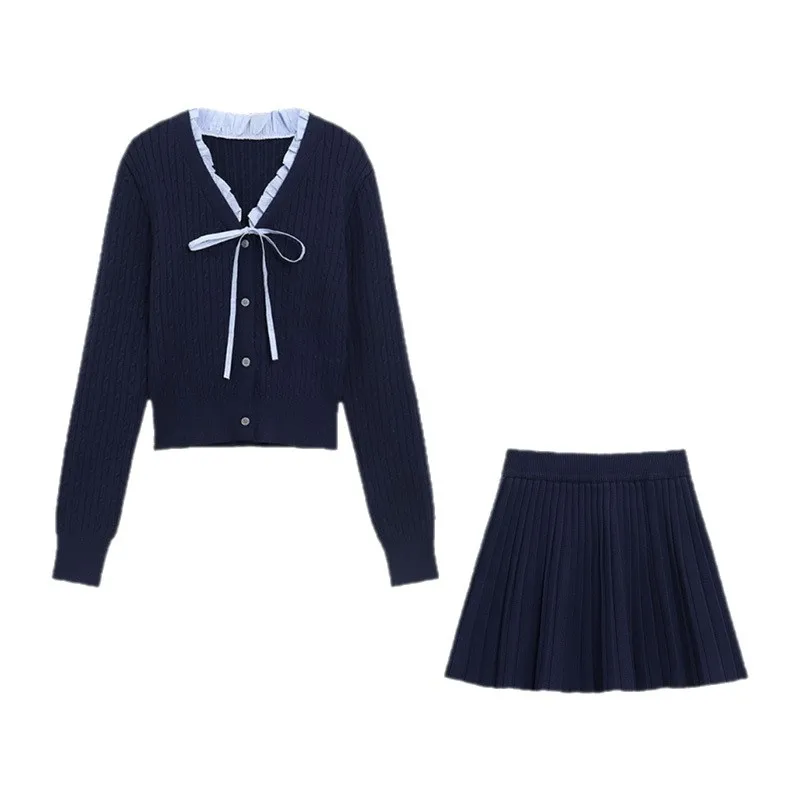 

Women Two Pieces Knitted Dress Sets Solid Matching Set Lace Up Button Bow V Neck Cardigan Knee Length Skirt 2025 Autumn Winter