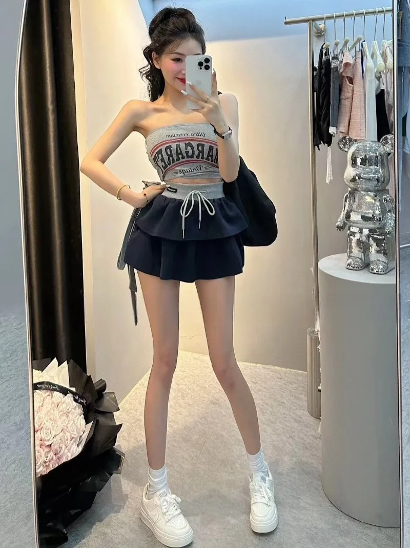 

Korean Pure Sexy Suit Women's Summer Letter Printed Ribbon Strapless Top Drawstring A-line Skirt Two-piece Set Female Clothes