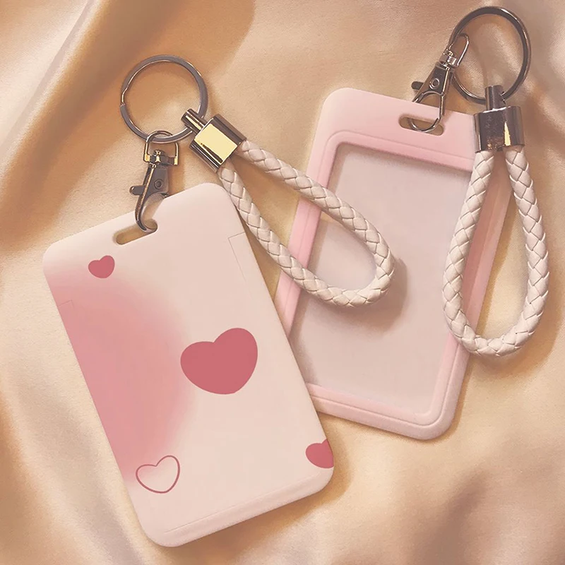 Cute Pink Love Credit Card Holders Keychain Bank ID Holders Badge Card Cover Case Business Card Holder Student Supplies
