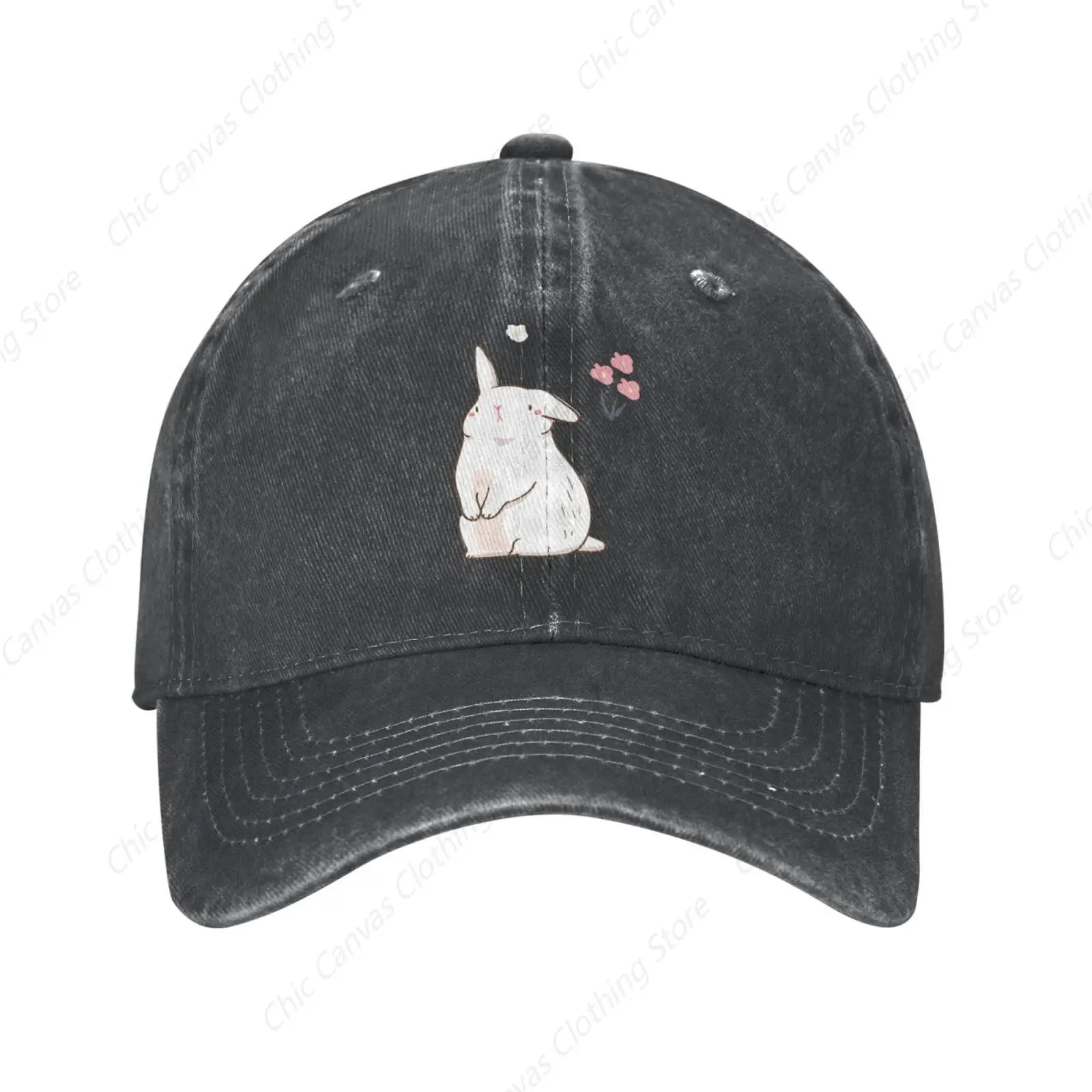 

Cute Bunny Flower Rabbit Cap Vintage Distressed Adjustable Washed Denim Cotton Low Profile Dad Trucker Hat For Unisex Headwear