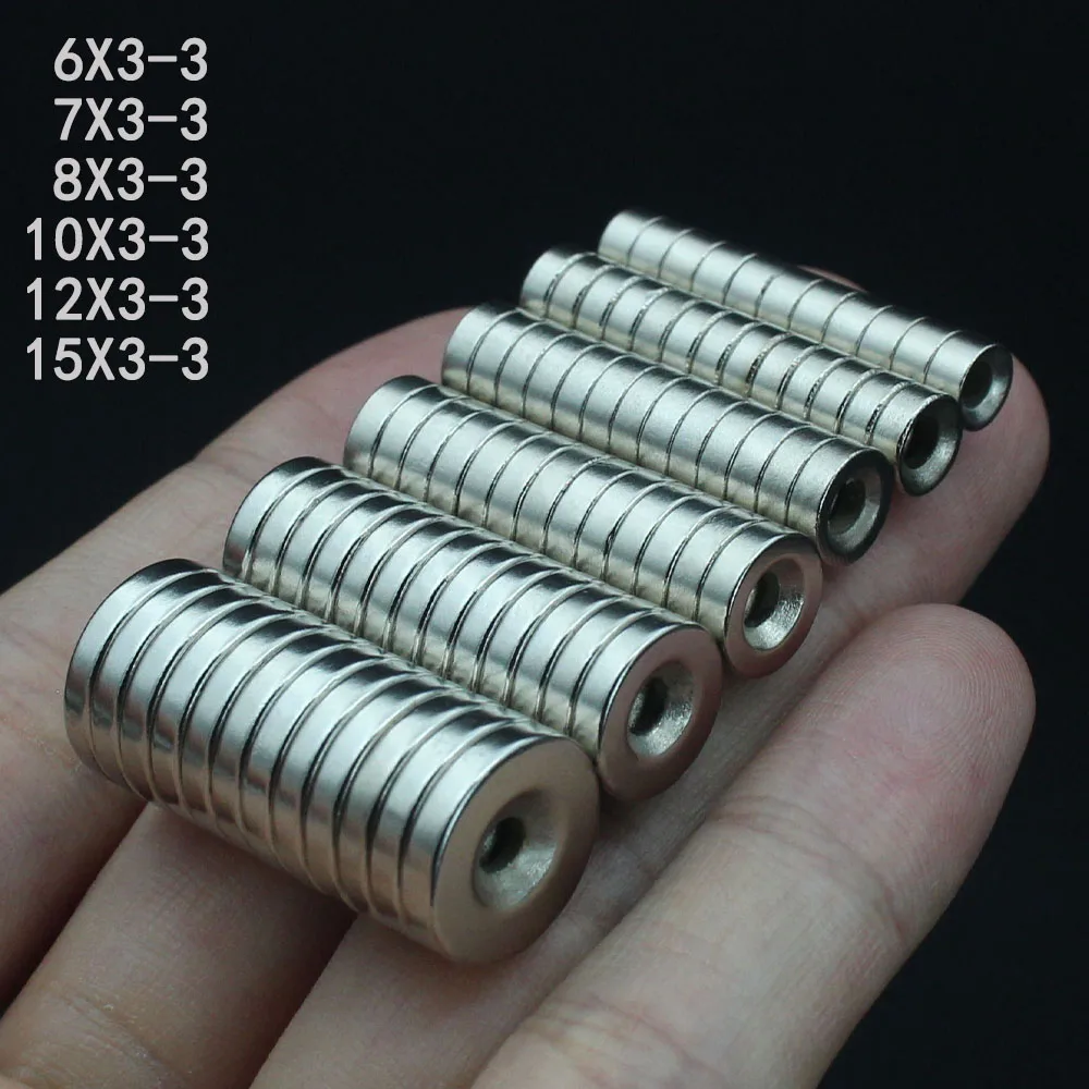 מגנט עגול 6/7/8/10/12/15mm x 3mm חור 3mm מגנט נאודימיום N35 קבוע NdFeB מגנטים חזקים במיוחד עם חור