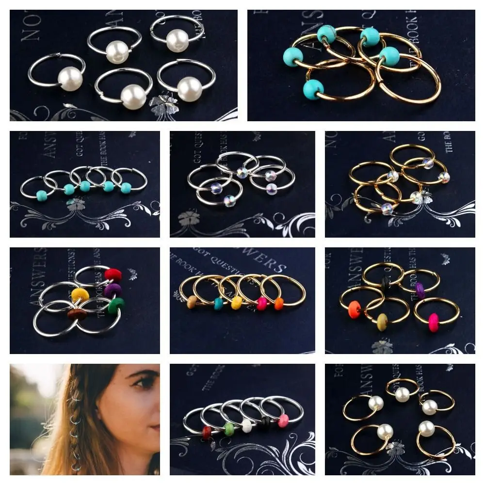 

5 pcs/set Alloy Braided Hair Ring Pearl Turquoise Dread Dreadlock Beads Colorful Charms Clips Cuffs Rings African