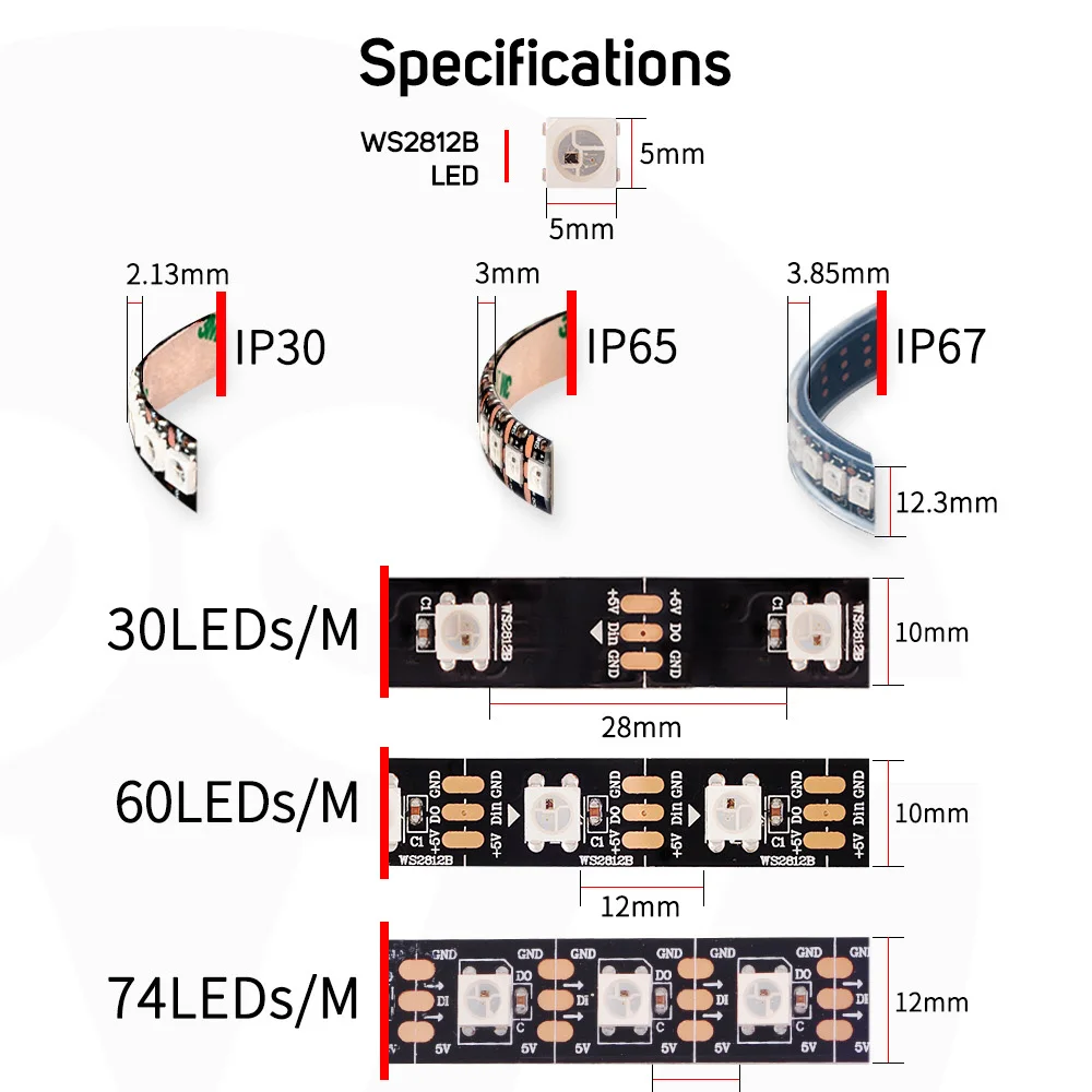 WS2812b 2812 LED Strip 1m 4m 5m 30 60 100 144 leds/m IP30 IP65 IP67 Waterproof Black PCB White PCB DC5V