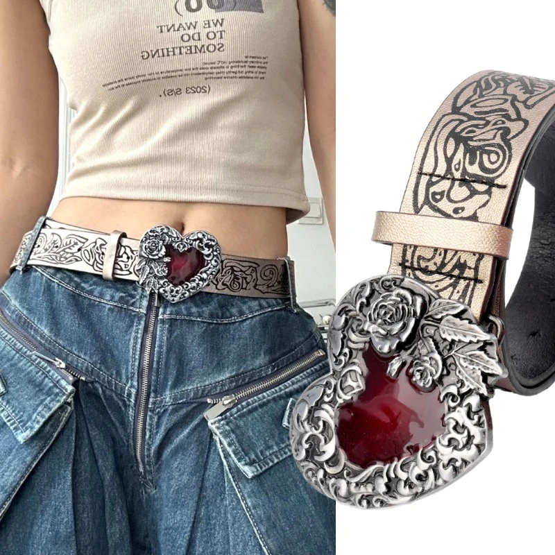 Gothic Punk Leather Y2k Belt For Women Metal Red Peach Heart Buckle Waist Strap Jeans Decorative Waistband Accessories