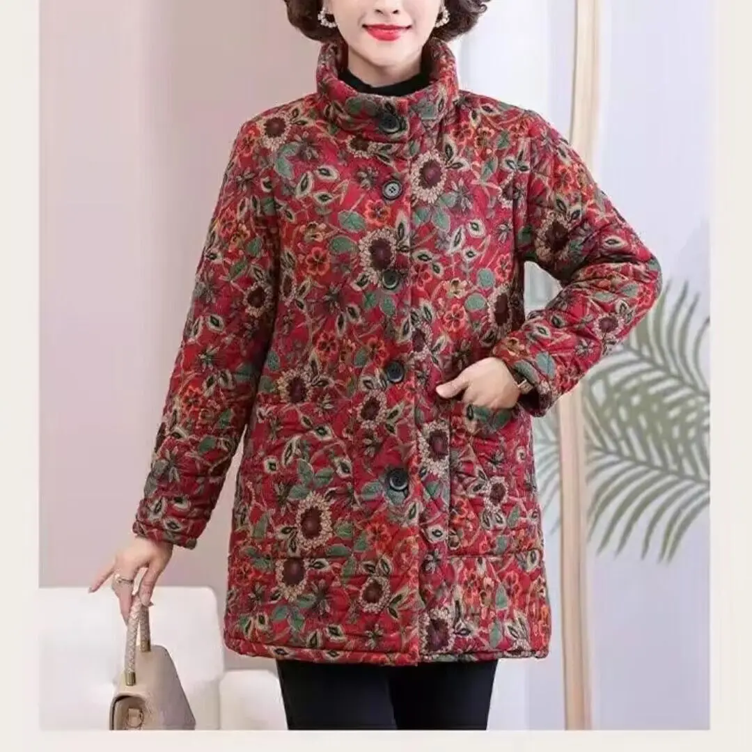 フリース裏地付き厚手冬用暖かい綿ジャケット中高年母親向けの新しいスタイルスタンドカラーフローラルプリントコート