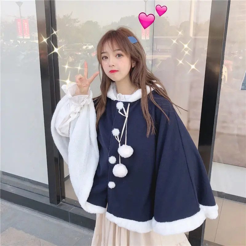 Winter Oversized Sweet Cloak Hooded Jacket Female Loose Japanese Style Women's Fleece-Lined Rabbit Ears Cape Woolen Coat Student