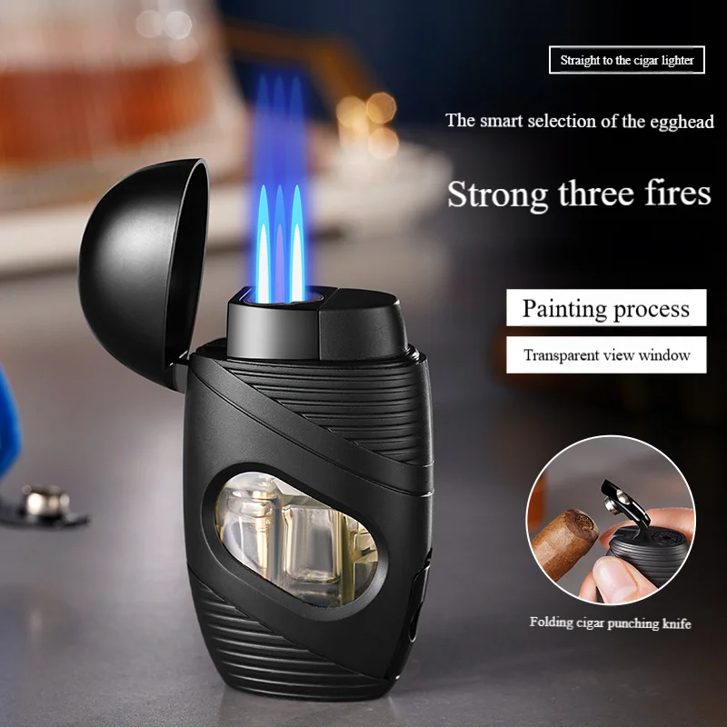 ใหม่ที่มีประสิทธิภาพบิวเทนแก๊สไฟแช็ก Triple ไฟฉายเปลวไฟสีฟ้าซิการ์ขนาดใหญ่ความจุที่มองเห็นได้การใช้ถังแบบพกพาเติม