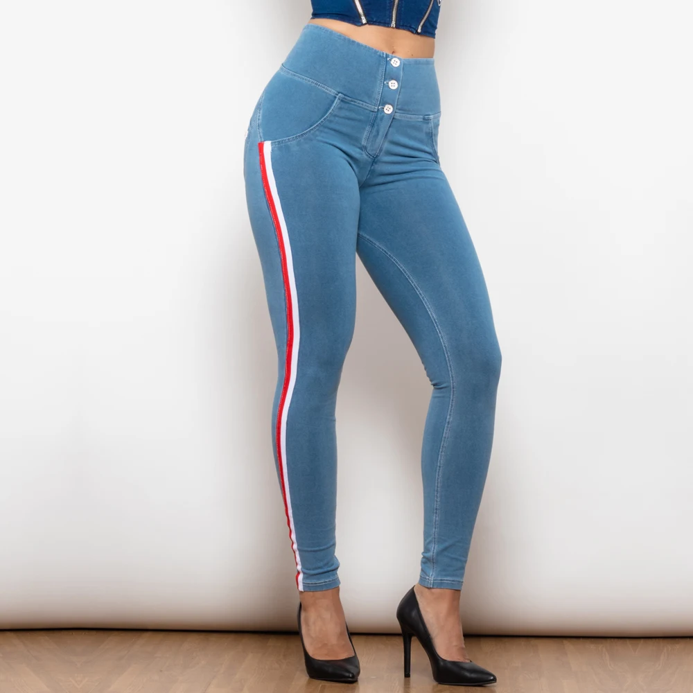 Shascullfites Melody Striped Tapered Light Blue Women Hip Enhancer Boyfriend Shaping Jeggings Booty Lift Sculpting Jeans