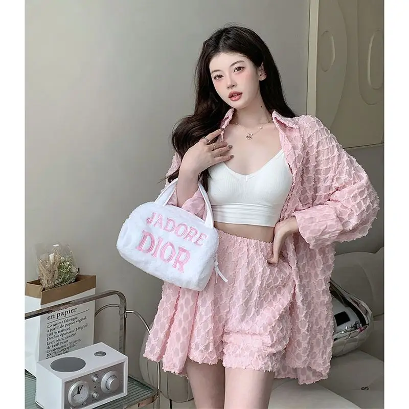 2024 Spring/Summer Set Women's New Korean Sunscreen Shirt Retro Casual Tank Top Slim Fit Loose Shorts Three Piece Set A3