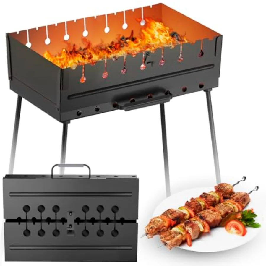 

Portable Mangal Grill for 8 Skewers - Foldable Charcoal BBQ for Shashlik, Kebab, Kabob - 2mm Steel, Compact Case, Tool-Free, Sk
