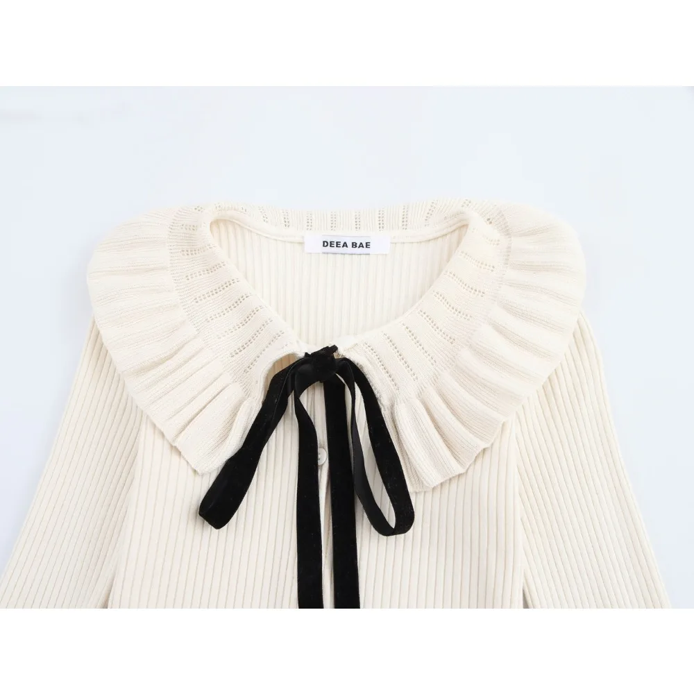 CharmChant 2025 Spring Knit Sweater Bow Detail Flounce Collar Ribbed Long Sleeve Versatile Daywear Office to Park Comfort