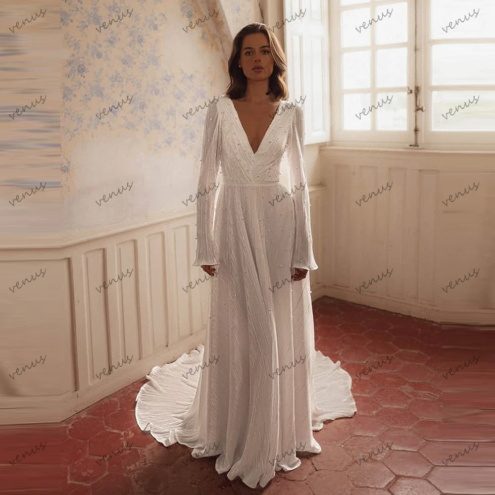 Vestidos De Novia bohemios, Vestidos De Novia De línea A, batas con gradas De encaje, cuello en V profundo, mangas acampanadas, Vestidos modernos De Novia personalizados 2026