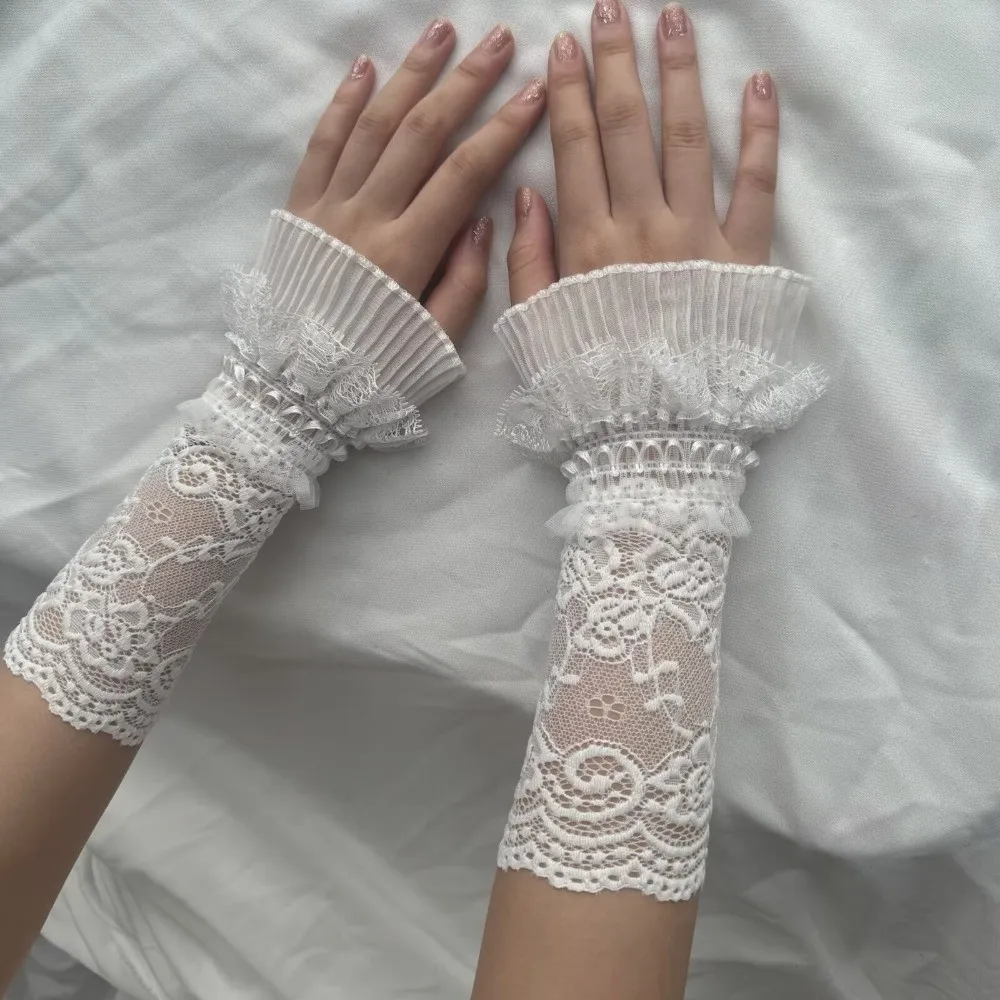Gothic Lace Trim Lace Arm Sleeves Mesh Floral Embroidered Fingerless Gloves Ruffle Cuffs See-Through Wrist Sleeves Party Costume