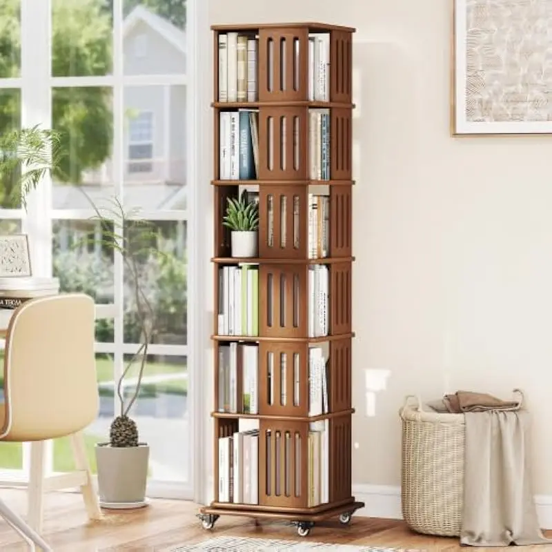 6-Tier Bamboo Rotating Bookshelf Tower 71 Inches Tall with 360-Degree Swivel Base and Locking Casters for Office or Living Space