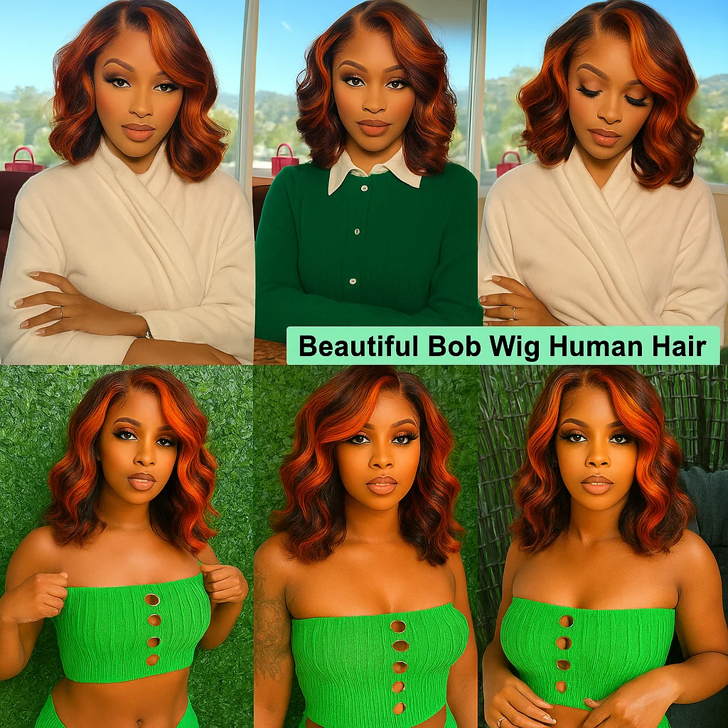 # Peruka typu bob z krótkimi włosami, falowane, z przedziałkiem z przodu, wykonana z ludzkich włosów, ombre balayage, bez kleju, 13x4, w kolorze ginger brown highlight, dla czarnoskórych kobiet.