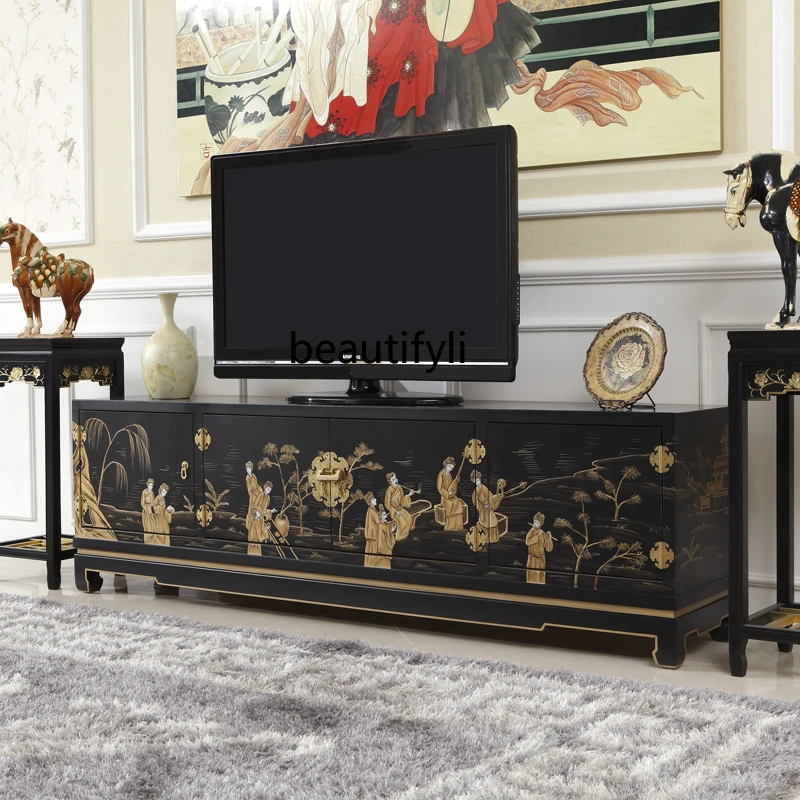 

Modern new Chinese black gold-painted retro style solid wood living room TV floor cabinet