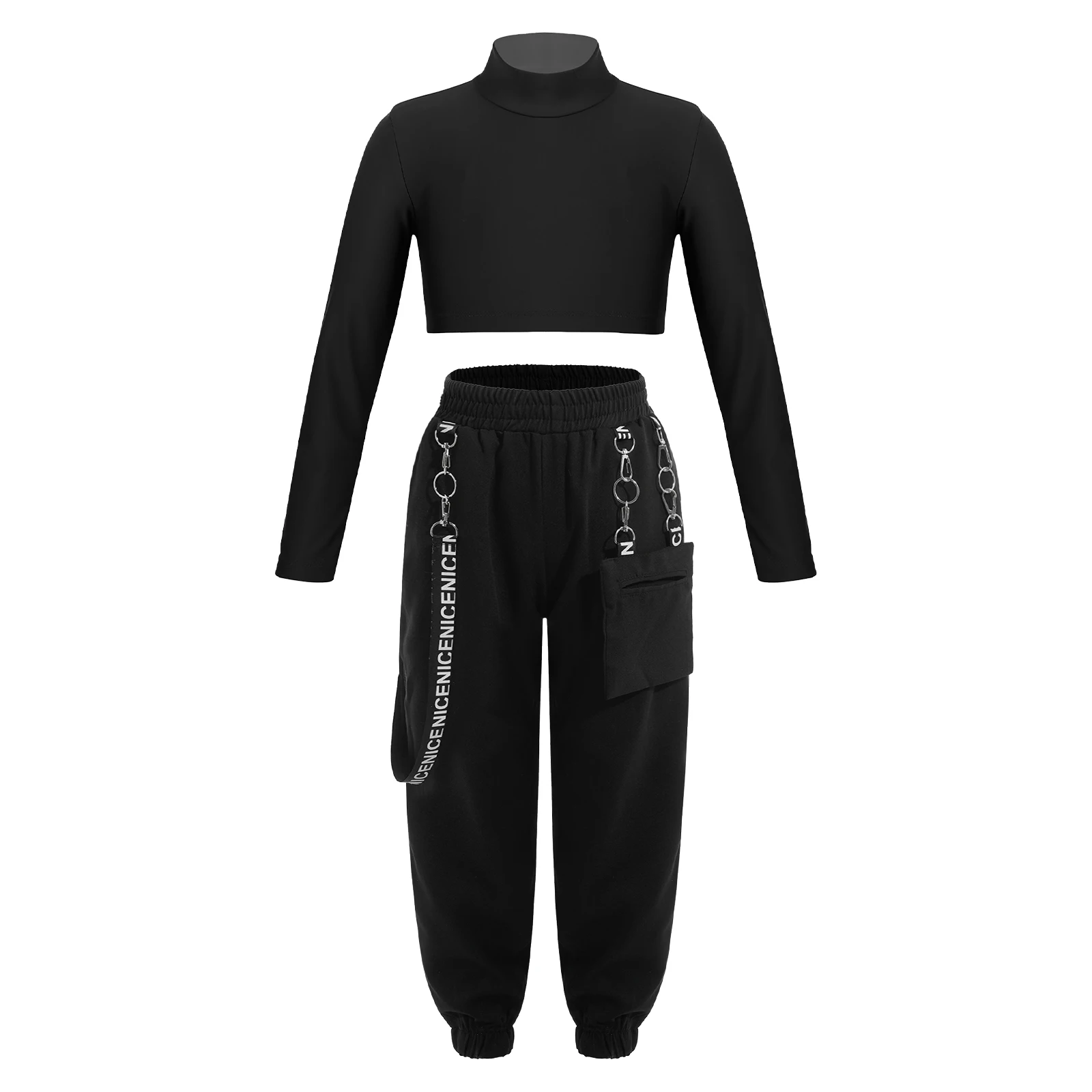 

Kids Girls Two-piece Sport Set Long Sleeve High Neck Crop Top with Chain Pocket Mid Waist Sweatpants for Dance Stage Performance