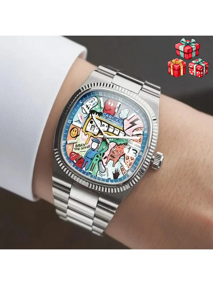 ساعة مربعة جديدة للزوجين بقرص فني تجريدي، ساعة كلاسيكية أنيقة، ساعة كوارتز فضية وسوداء وذهبية، هدية فاخرة على طراز الشارع #2