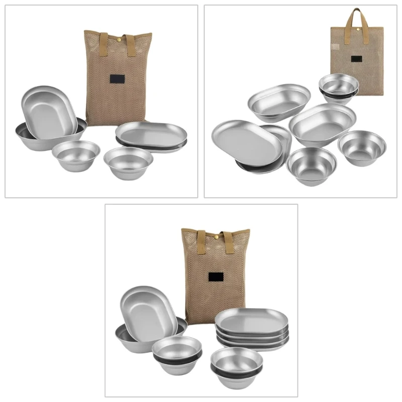 

Set of 6/8/10 Outdoor Camping Dish Set Dinner Plate Reliable Stainlesss Steel Plates Practical Picnics Dishes Dropshipping