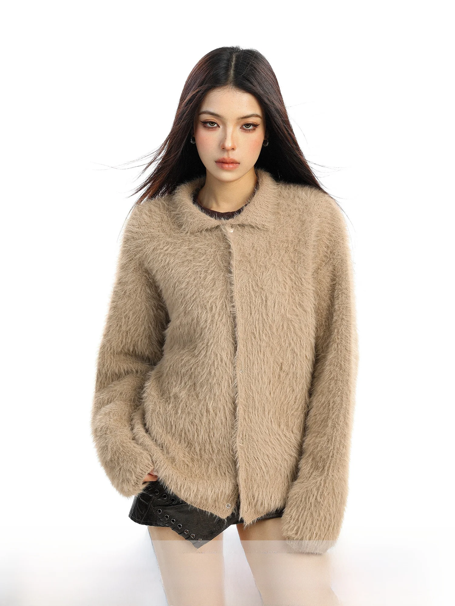 

Вязаный кардиган-свитер в стиле ретро Biggold, свободный крой, однотонный, с отложным воротником, для пар, теплый, весна-осень