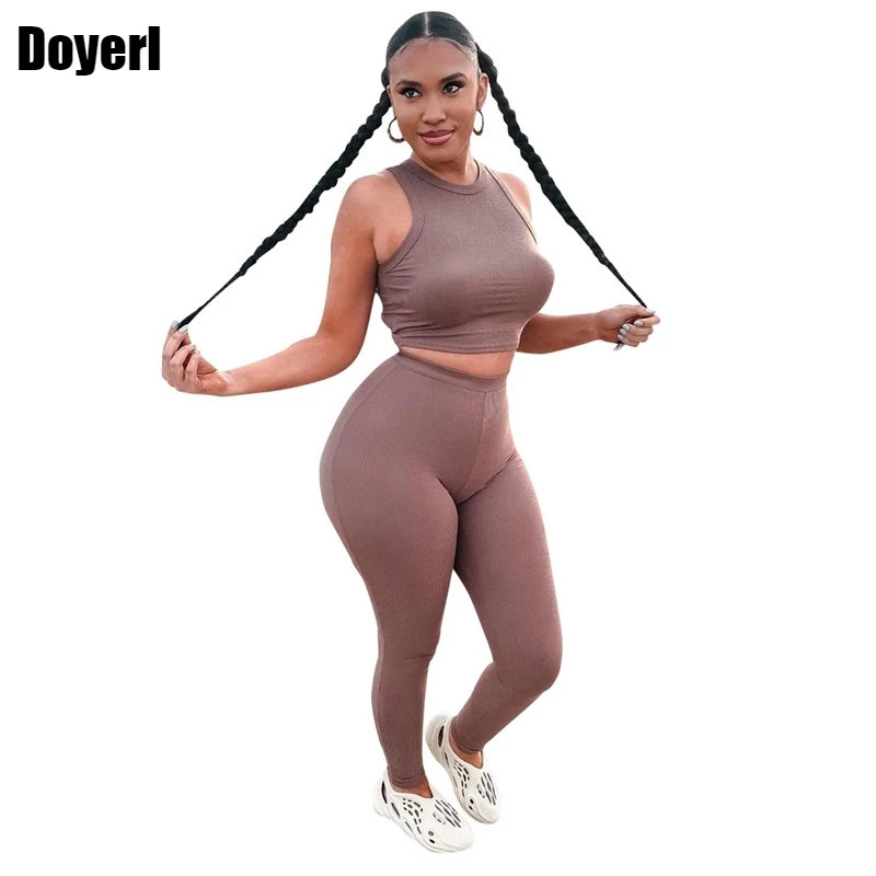 

Summer Two Piece Women Set Sport Casual Outfit Sets for Women Crop Top and Leggings Pants Sportswear Bodycon Brown Tracksuit Set