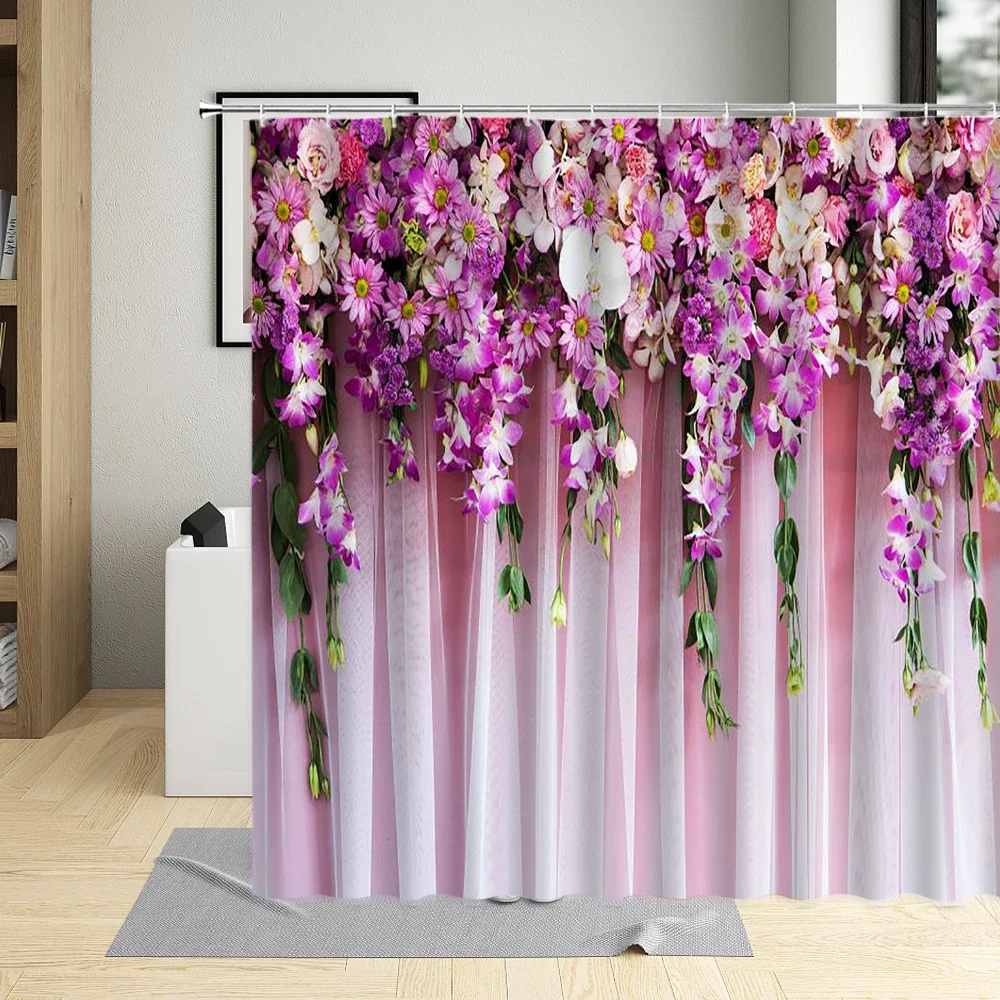 Flowers Plants Shower Curtain Vine Purple Pink Floral Green Leaves Bathroom Wall Decoration Hanging Curtains Sets Bathtub Screen