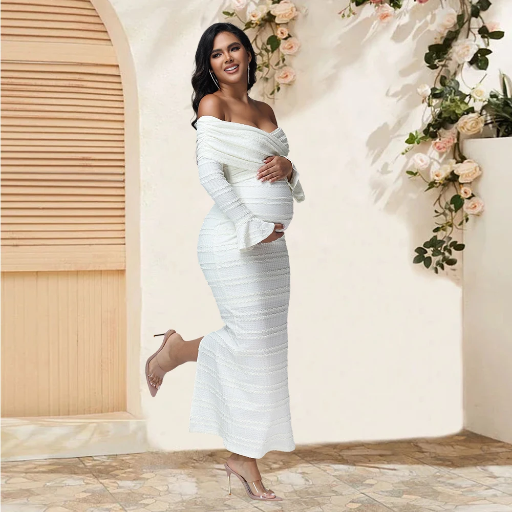 Abito premaman a coda di pesce a maniche lunghe con scollo incrociato Abito autunnale aderente alla moda per donne incinte per servizio fotografico Baby Shower