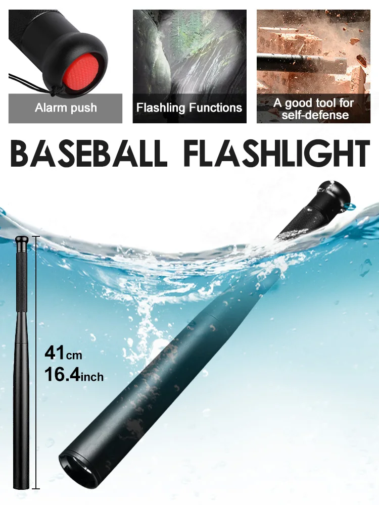 41CM Multifunctional Baseball Bat Shape Flashlight High Hardness All Metal Flashlight Car Mounted Outdoor 500M Irradiation
