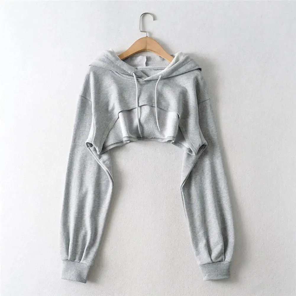 

Women Short Hoodie Irregular Hoodie Long Sleeves Hooded Sweatshirt Drawstring Elastic Cuff Individual Sport Streetwear Daily Top