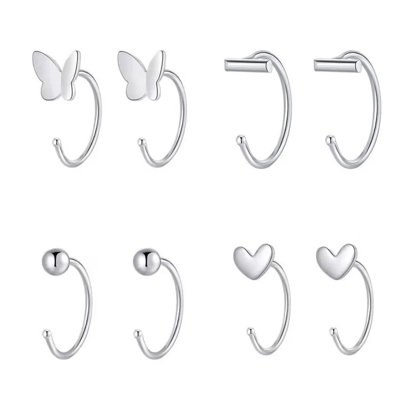 2pcs Butterfly Stud Earrings for Women Clip Lip Rings Hoop Nose Piercing Open Huggies Hook Ear Cartilage Helix Tragus Jewelry