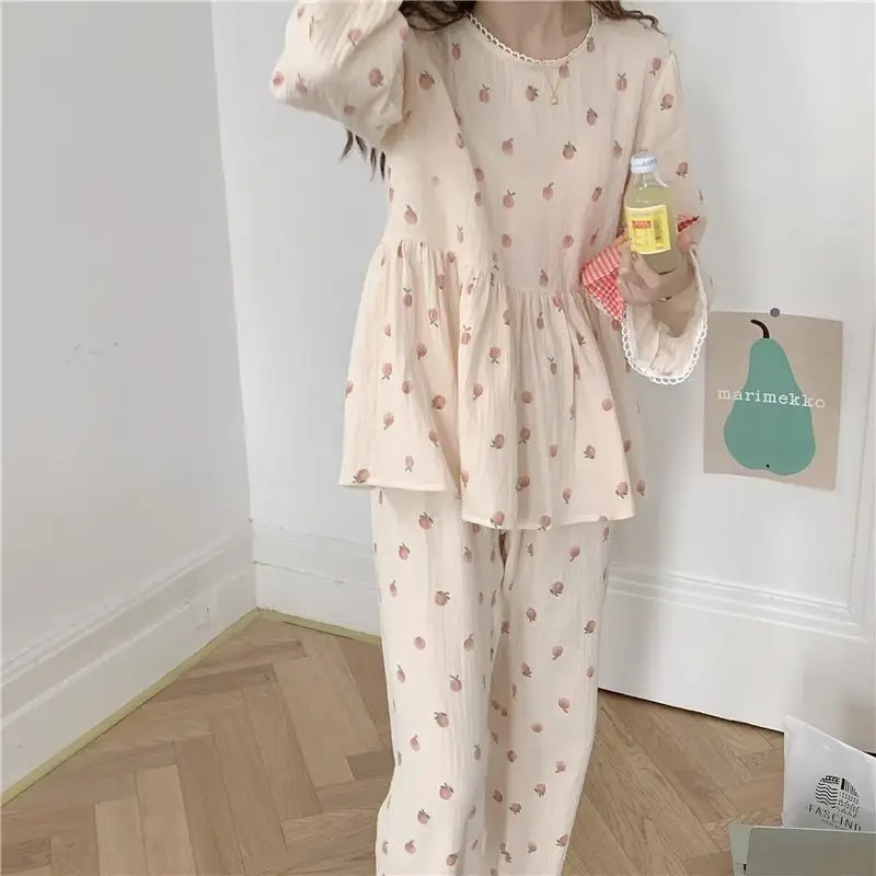 Peach Print Sleepwear Women Pajama Sets Korean Piiama Ruffles Pants Sets for Women 2 Pieces Autumn Night Wears O-neck Home Suit