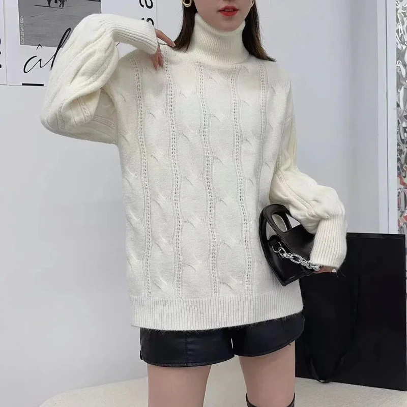 Korean Solid Color Pullover Long Sleeve Sweater Knitted Casual Fashion Elegant Women\'s Clothing Autumn Winter Turtleneck Tops